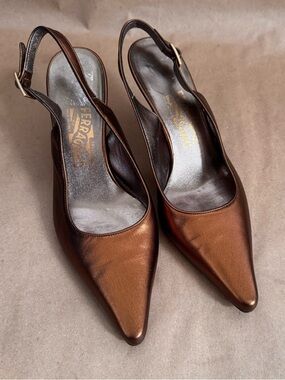Salvatore Ferragamo Bronze Leather Slingback Pointed Toe 3" Heel Pumps. Size 7.5